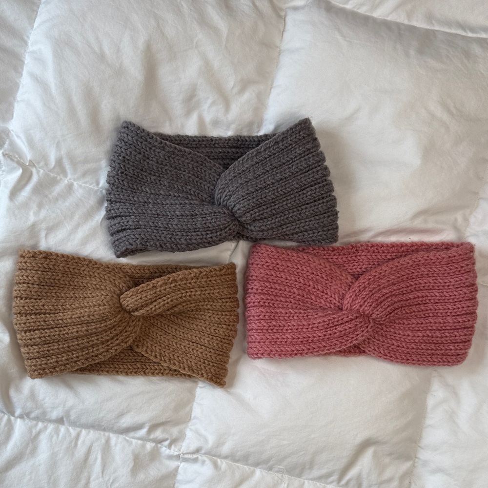 Knit Twist Winter Hair Headbands x3 - Gray, Camel, & Dusty Rose Pink